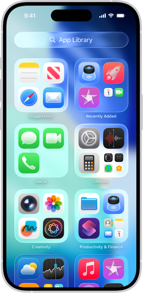 A screenshot of the App Library on an iPhone showing categorized folders of apps