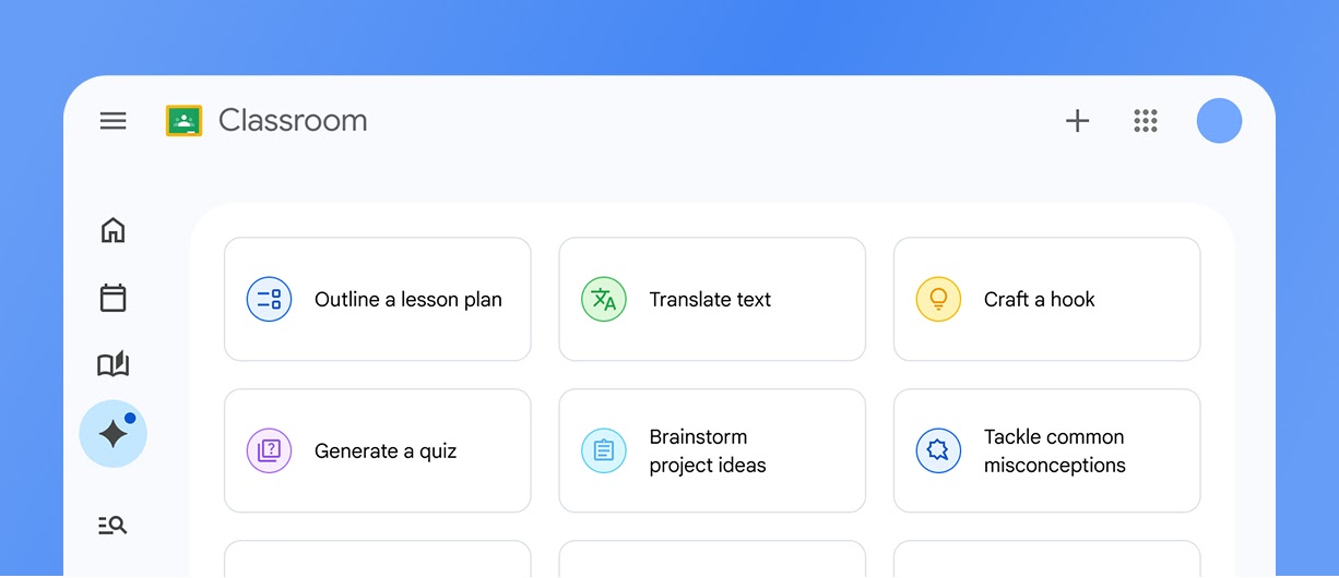 Google Classroom dashboard showing management tools and student resources