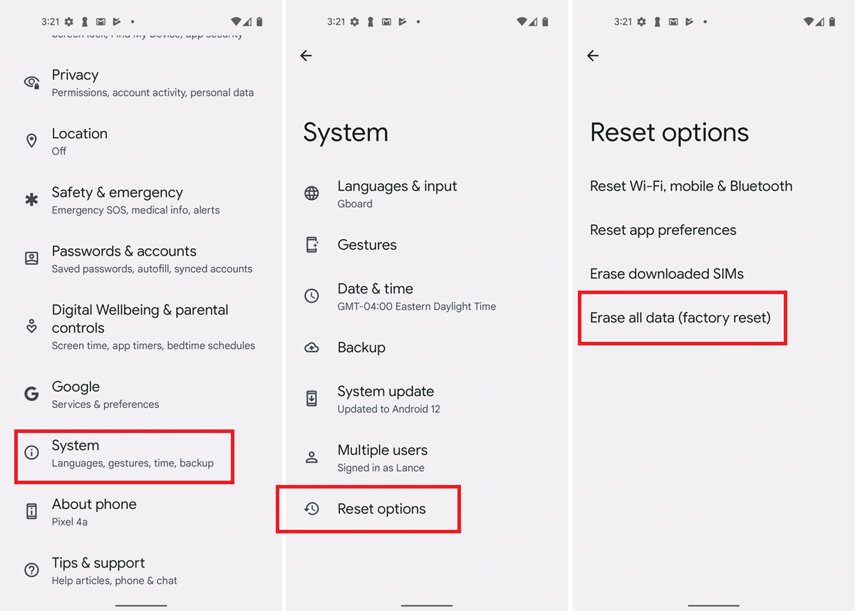 Comparison of factory reset screens for iPhone and Android devices