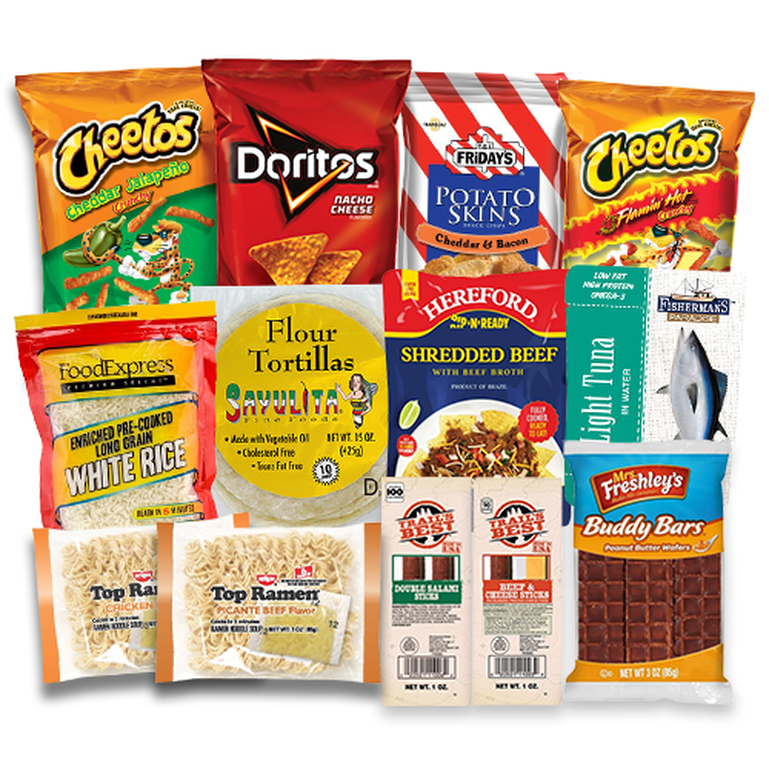 iCare gift package containing various snacks and food items
