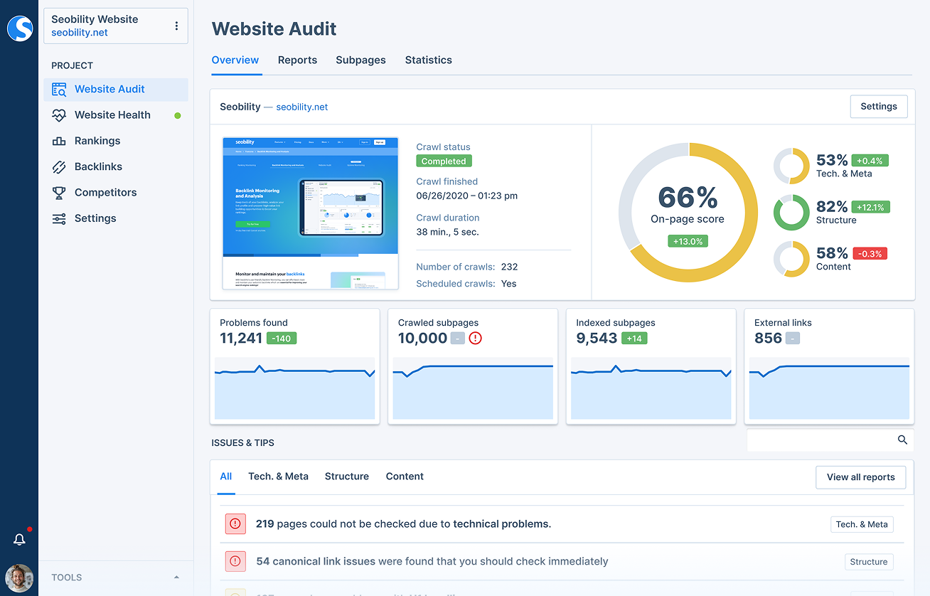SEO checker dashboard showing website health metrics and audit results