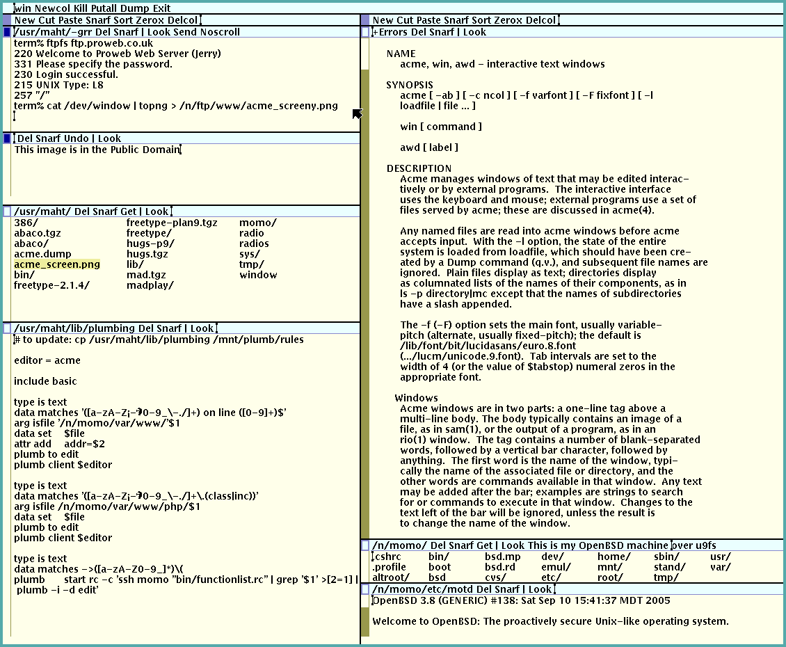 The Acme editor interface showing yellow windows and blue tag bars