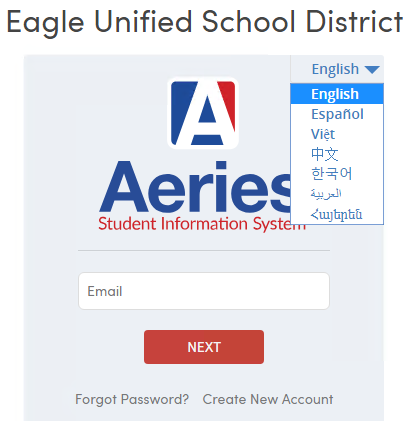 Aeries Parent Portal interface showing student selection menu