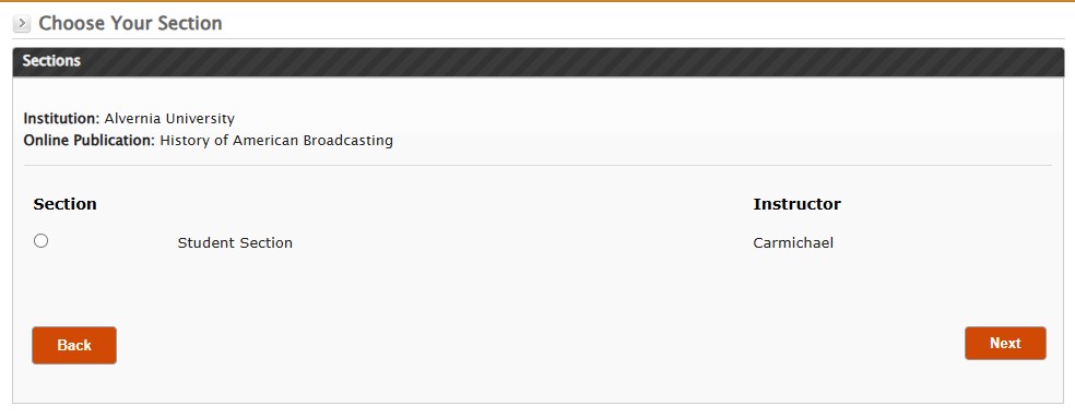 Selecting a course section in GRL Content