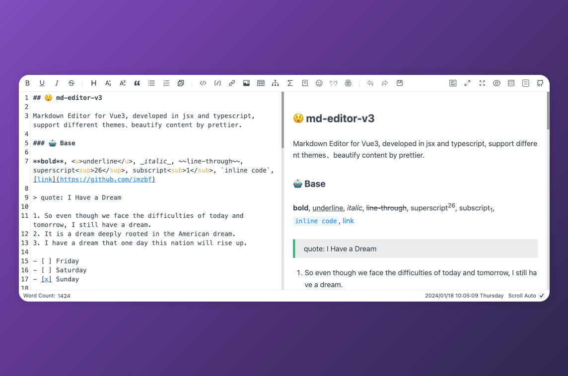 md-editor-v3 interface showing markdown preview and toolbar