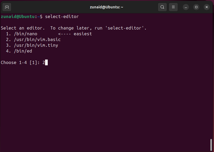 Using the select-editor command in a Linux terminal to choose a default text editor
