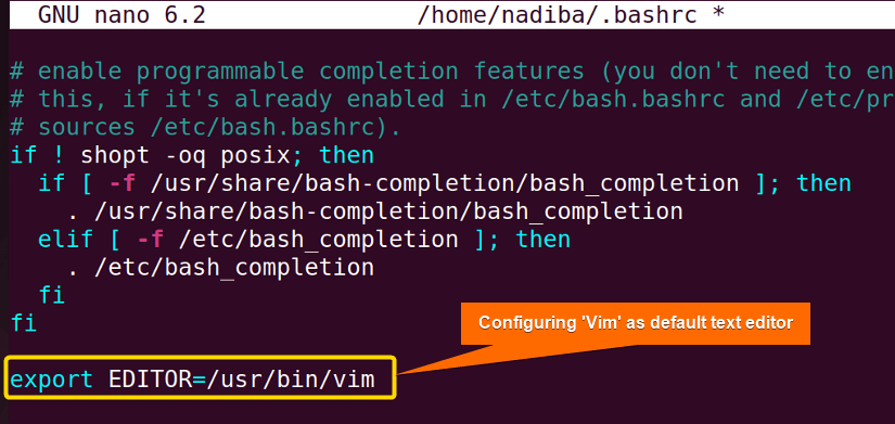 Code snippet showing how to export the EDITOR environment variable in a bash profile