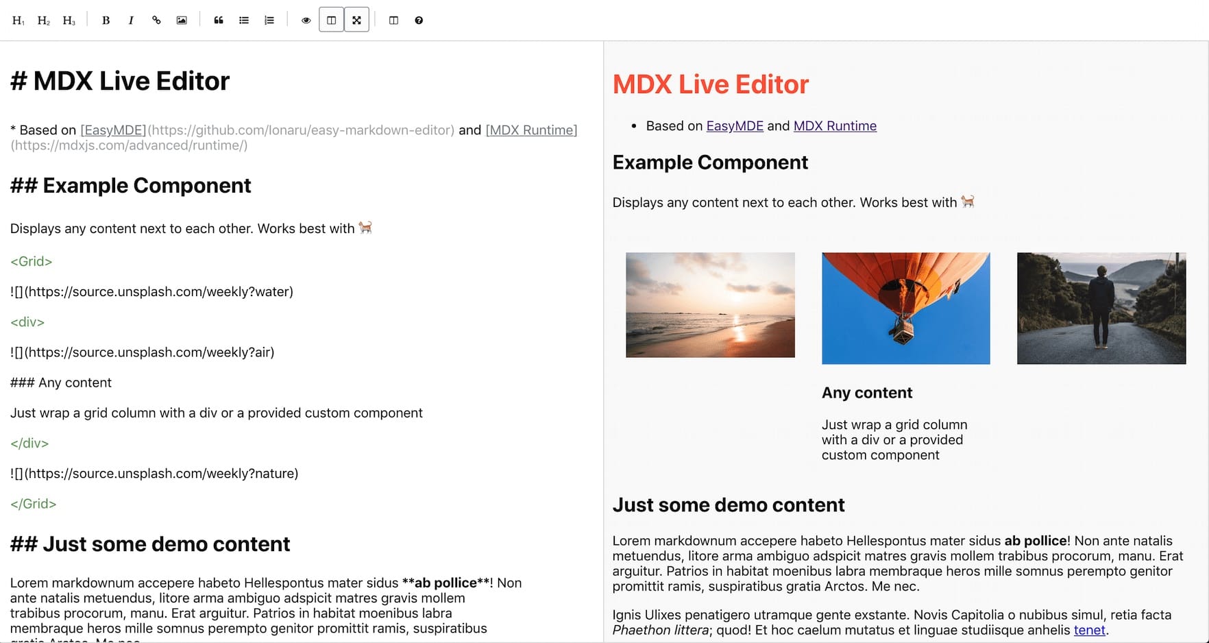 MDX Live Editor demonstration showing side-by-side code and preview