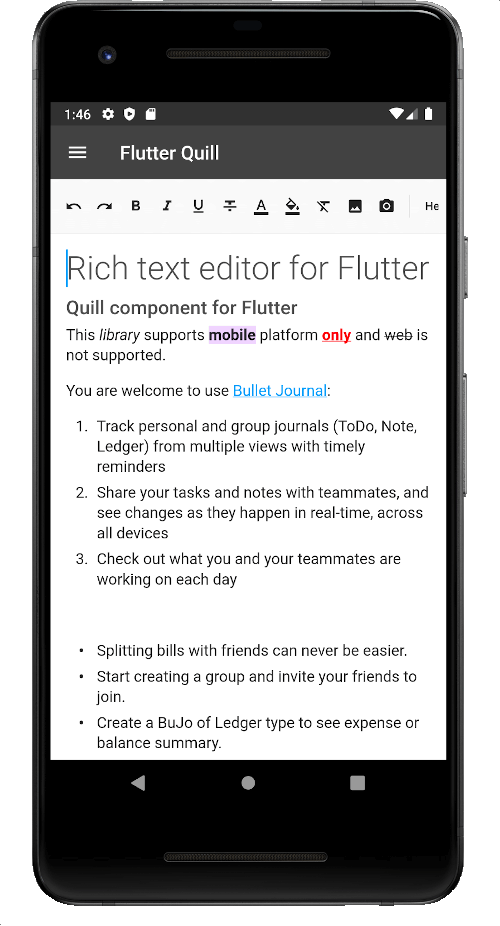 Flutter Quill package overview showing rich text features