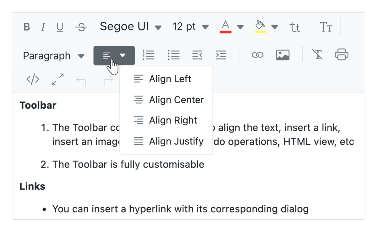 Vue rich text editor alignment and text formatting interface