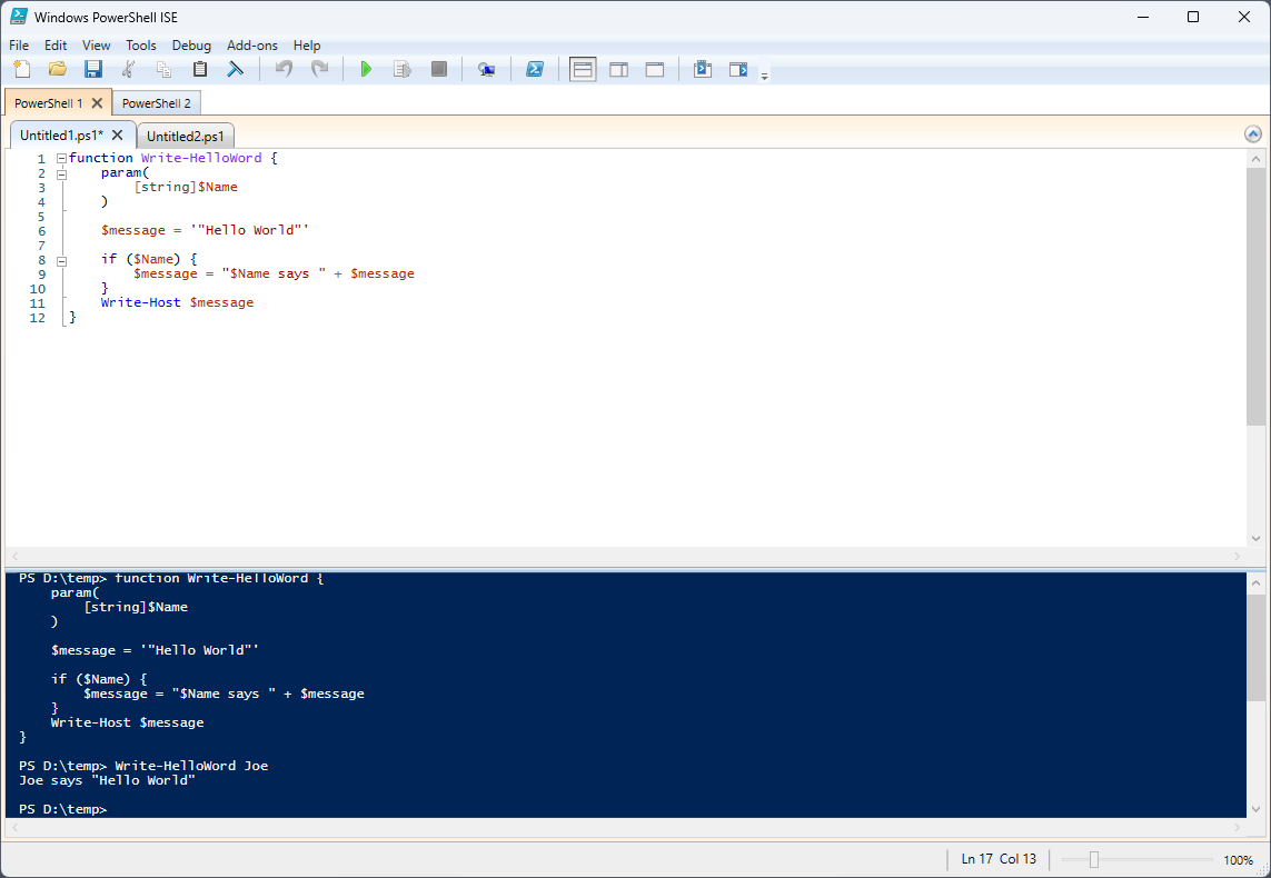 The classic Windows PowerShell ISE interface showing the script pane and console