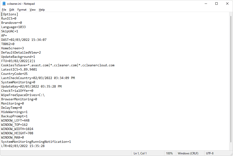 Example of an INI file structure showing sections and keys