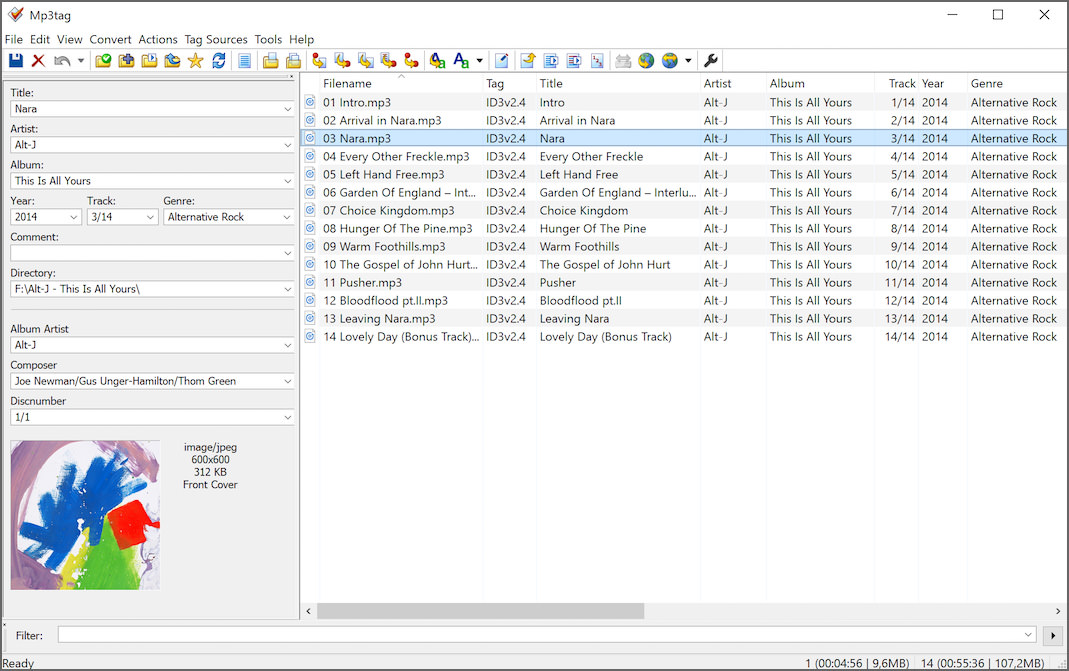 Mp3tag interface showing batch editing of music files
