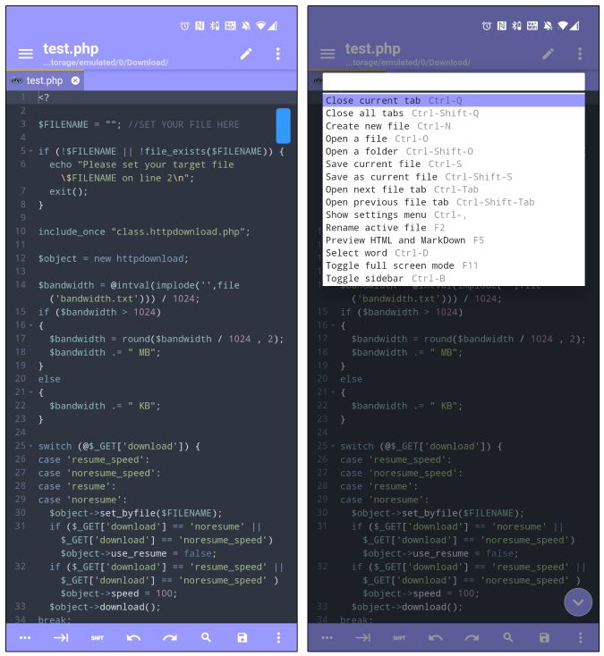 Acode HTML editor interface showing syntax highlighting and file explorer