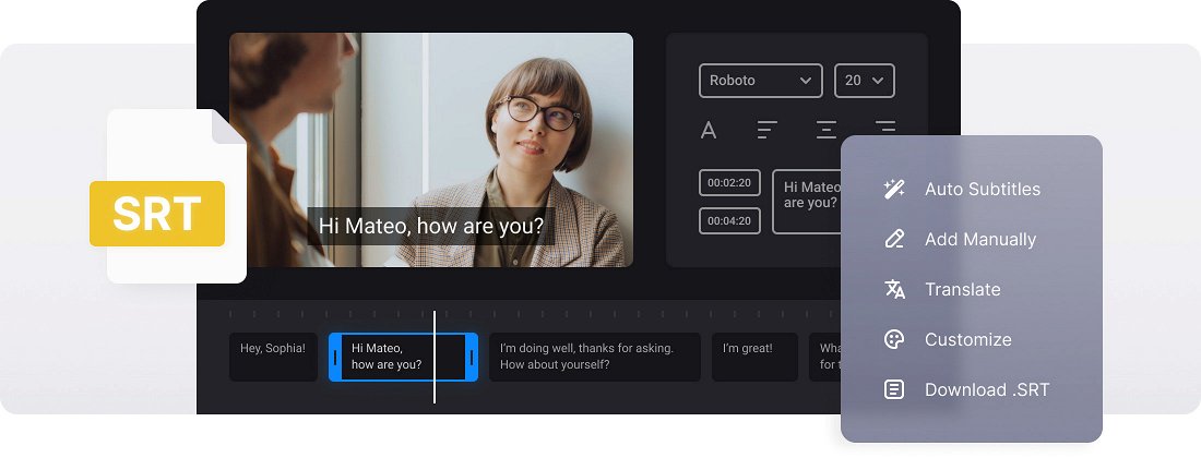 Interface showing how to create and edit an SRT file with timestamps