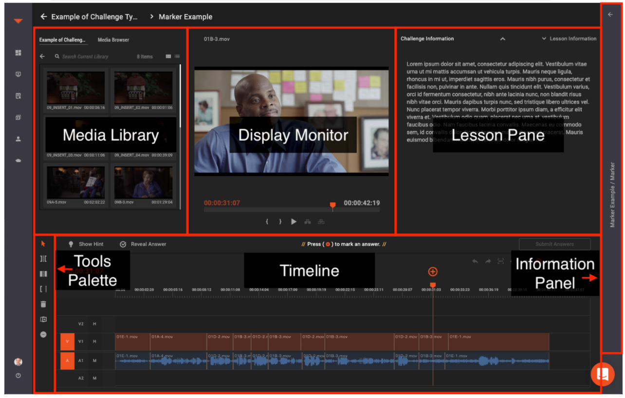 EditMentor browser interface showing video timeline and interactive challenges