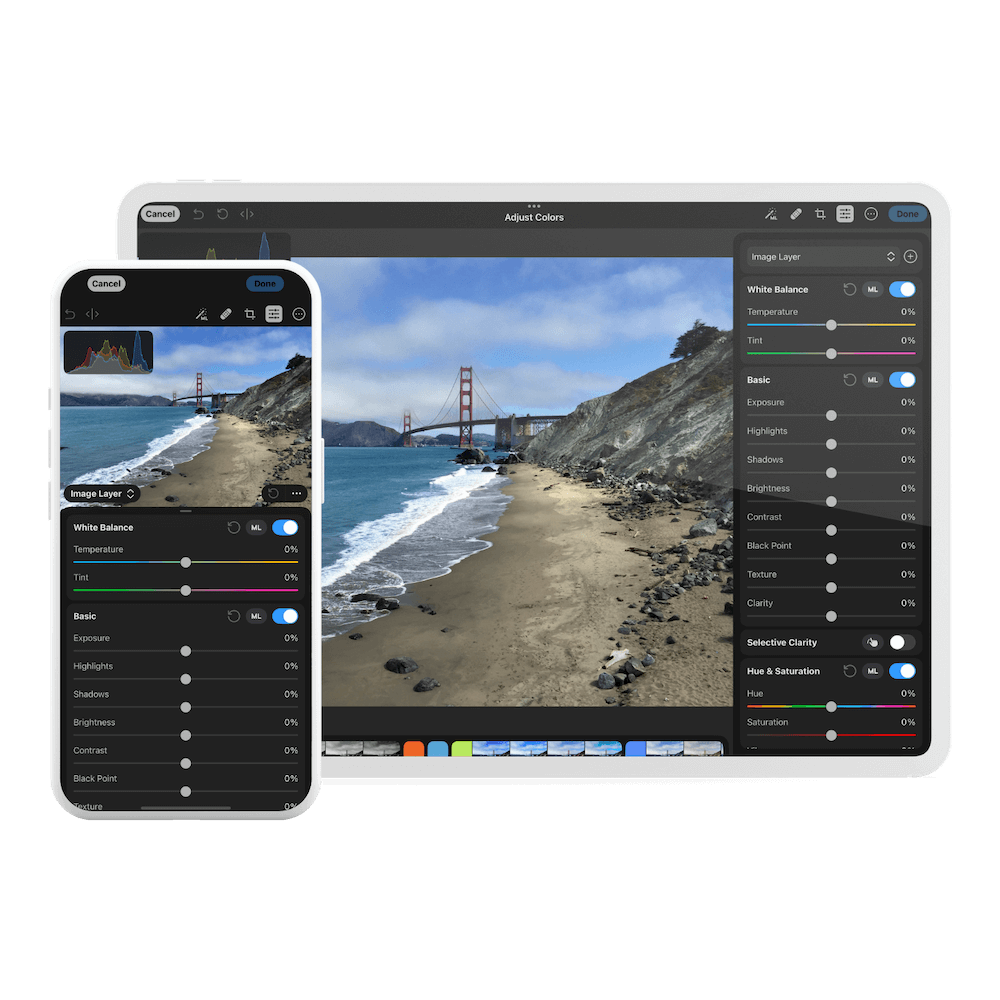 Photomator interface showing advanced color grading tools