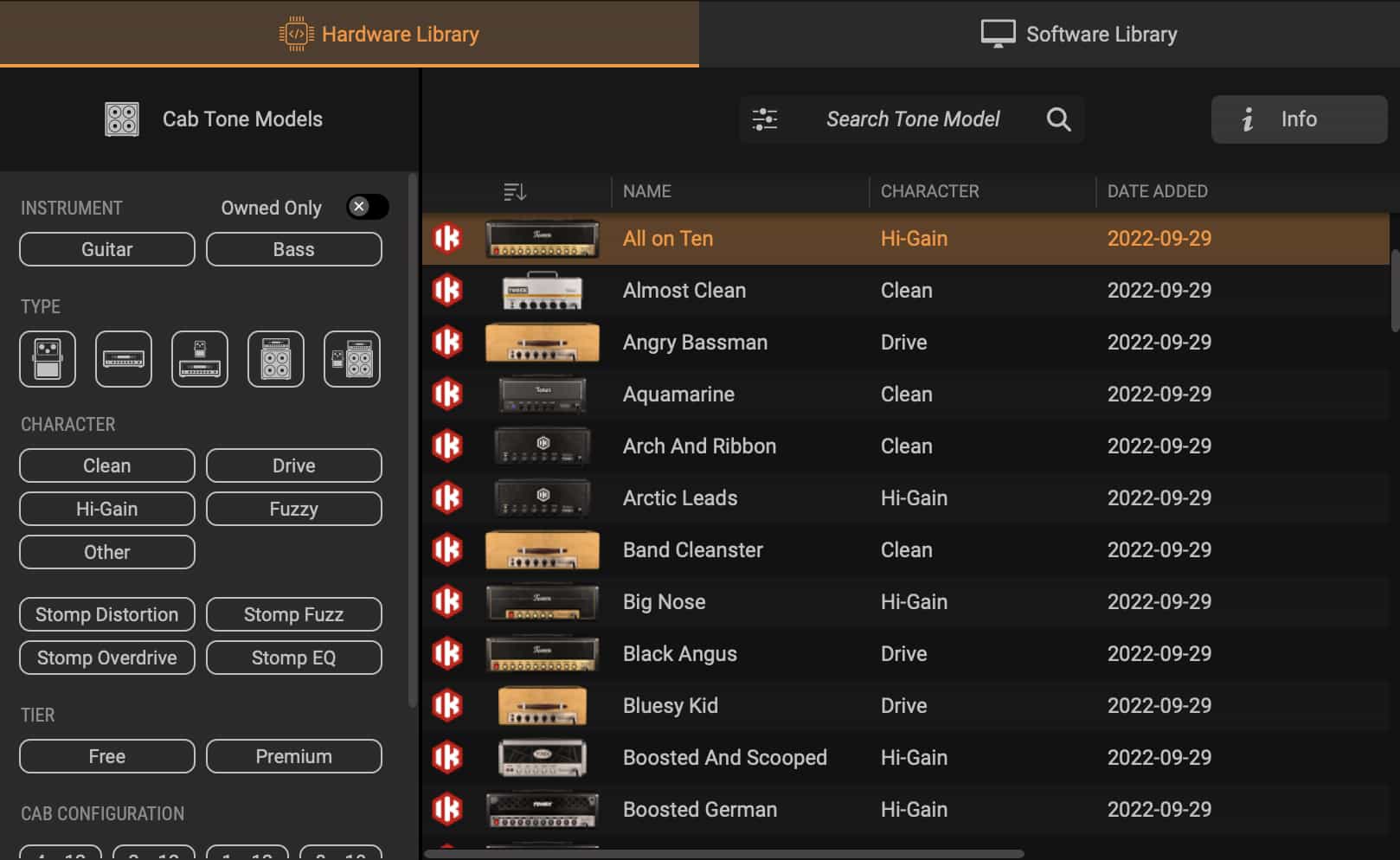 The TONEX Editor interface showing the hardware preset browser and parameter controls