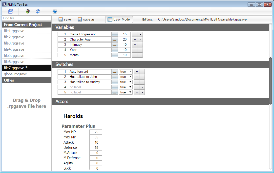 Interface of an RPG Maker MV Save Editor showing character stats