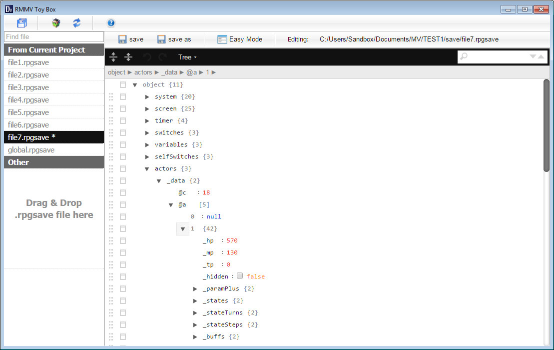 Side-by-side comparison of raw rpgsave data and decoded JSON
