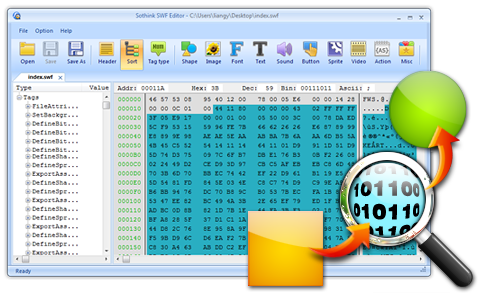 Sothink SWF Editor showing tag tree for UI modding