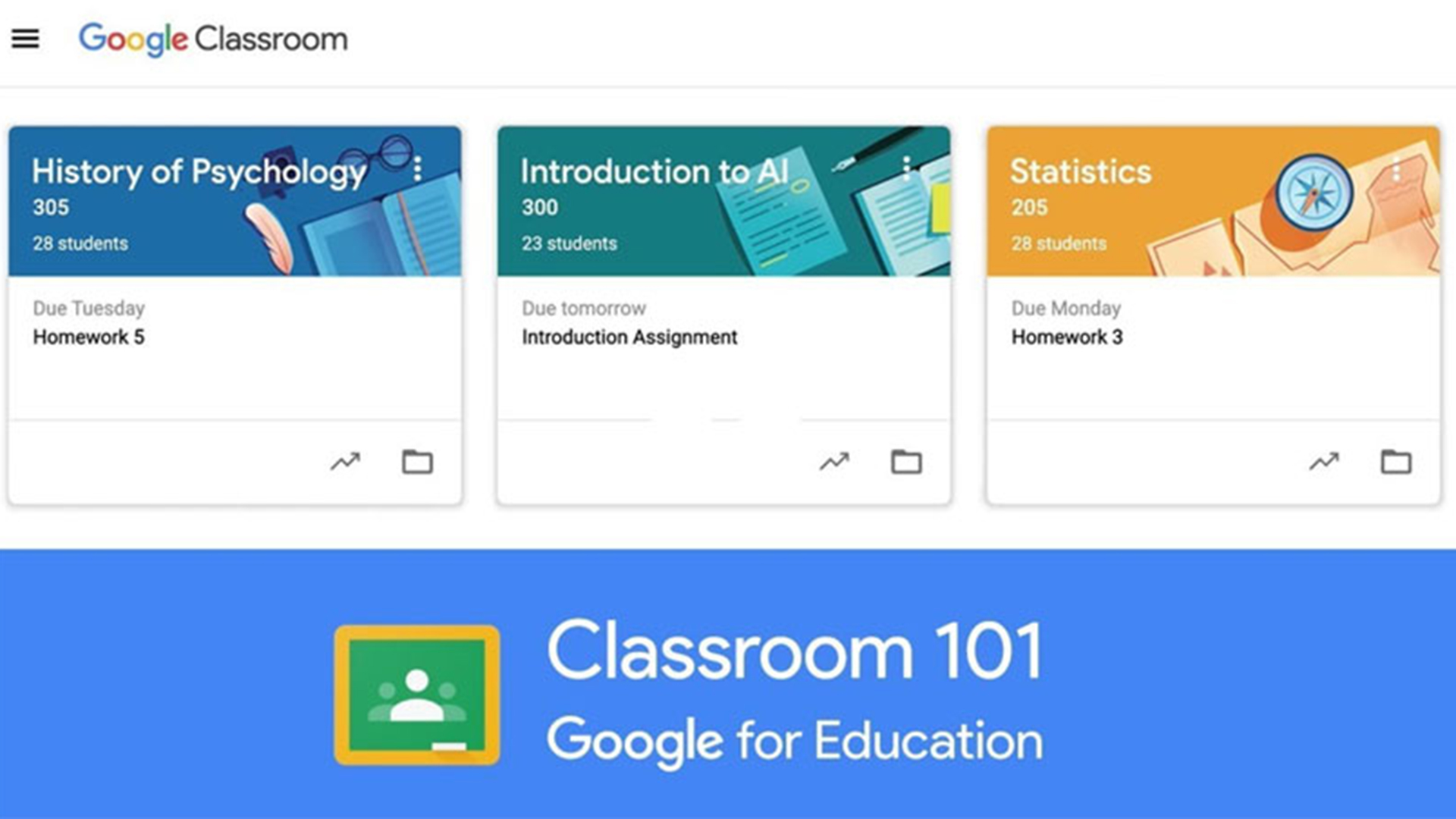 Google Classroom interface showing the dashboard and class cards