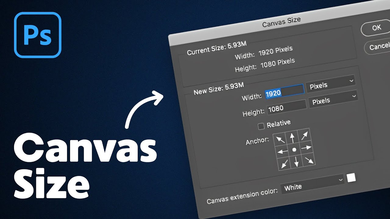 Photoshop Canvas Size dialog box showing width and height settings