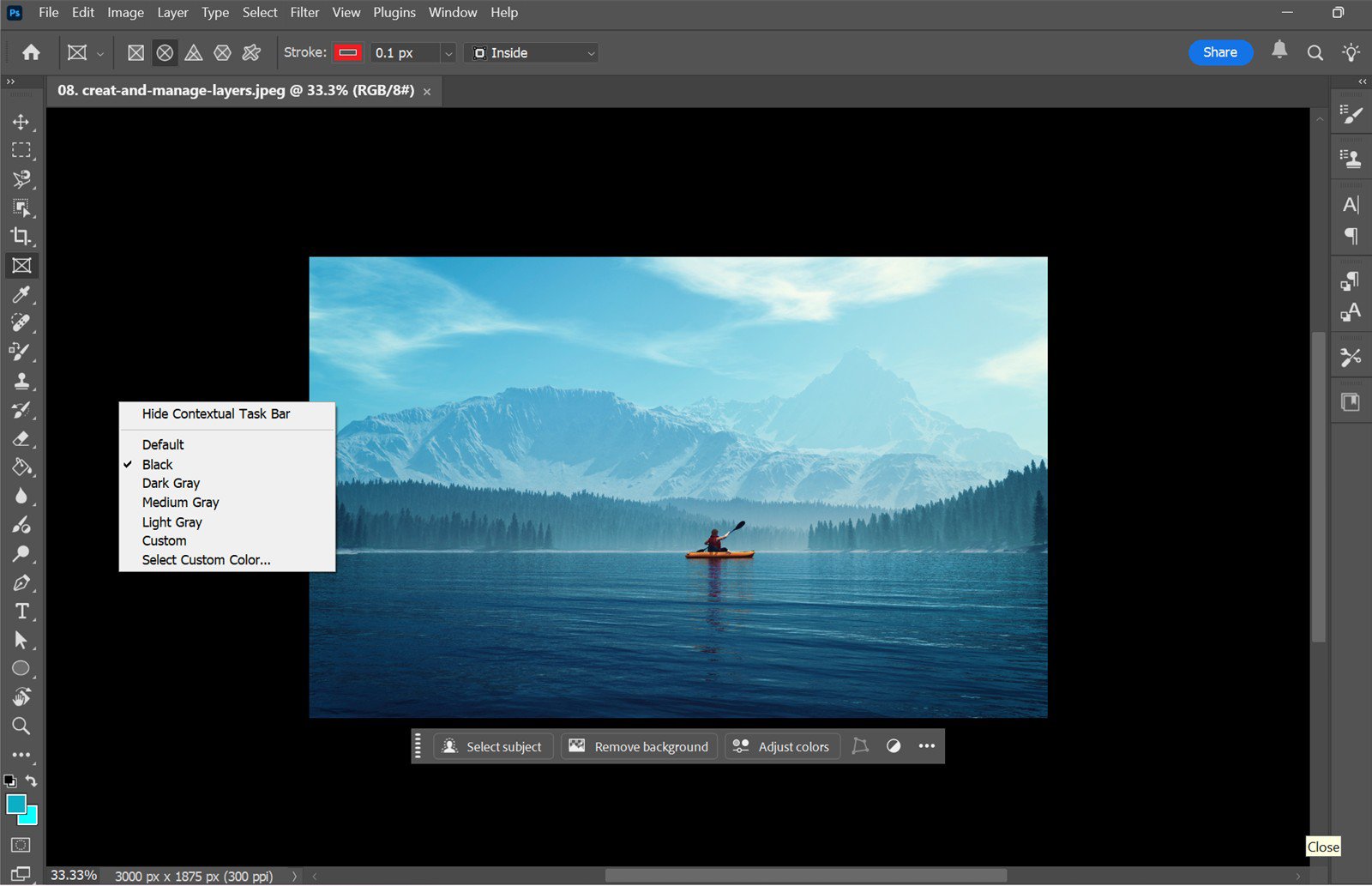 Photoshop context menu showing options to change the work canvas color