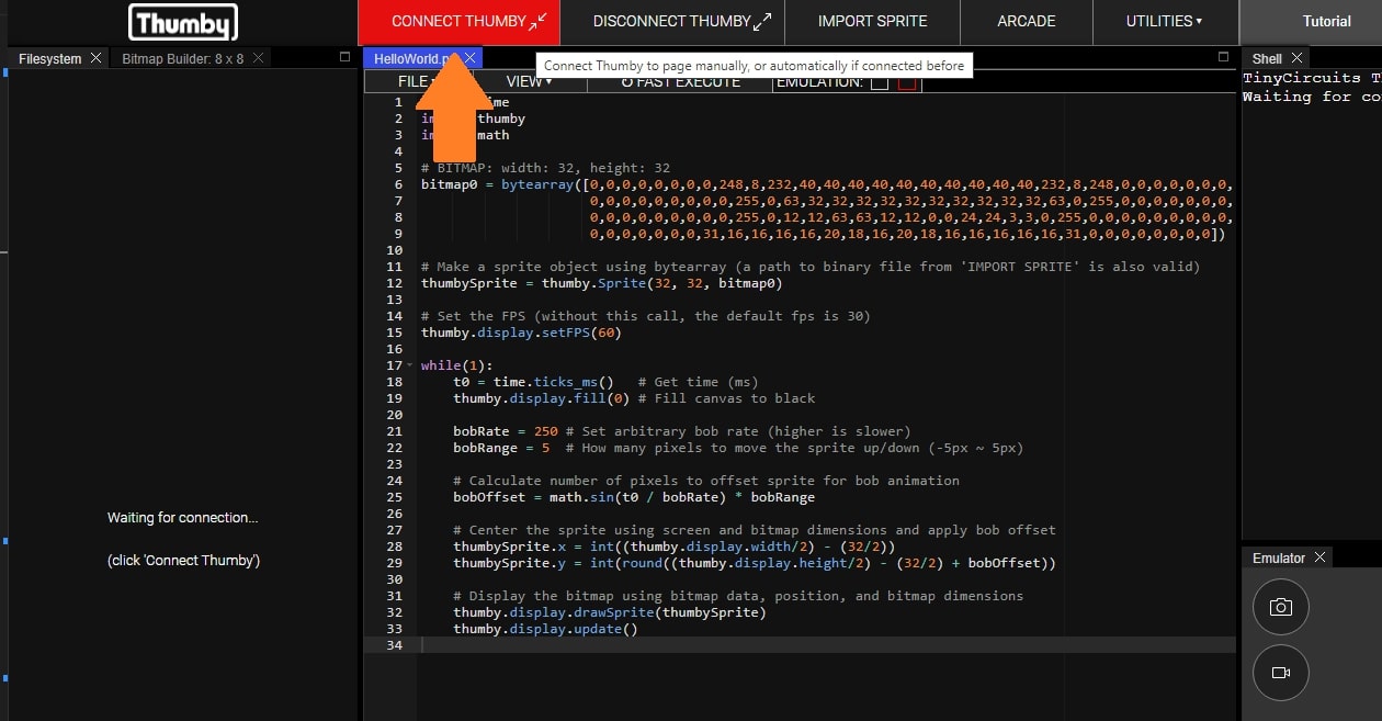 Thumby Code Editor connection interface showing the connect button
