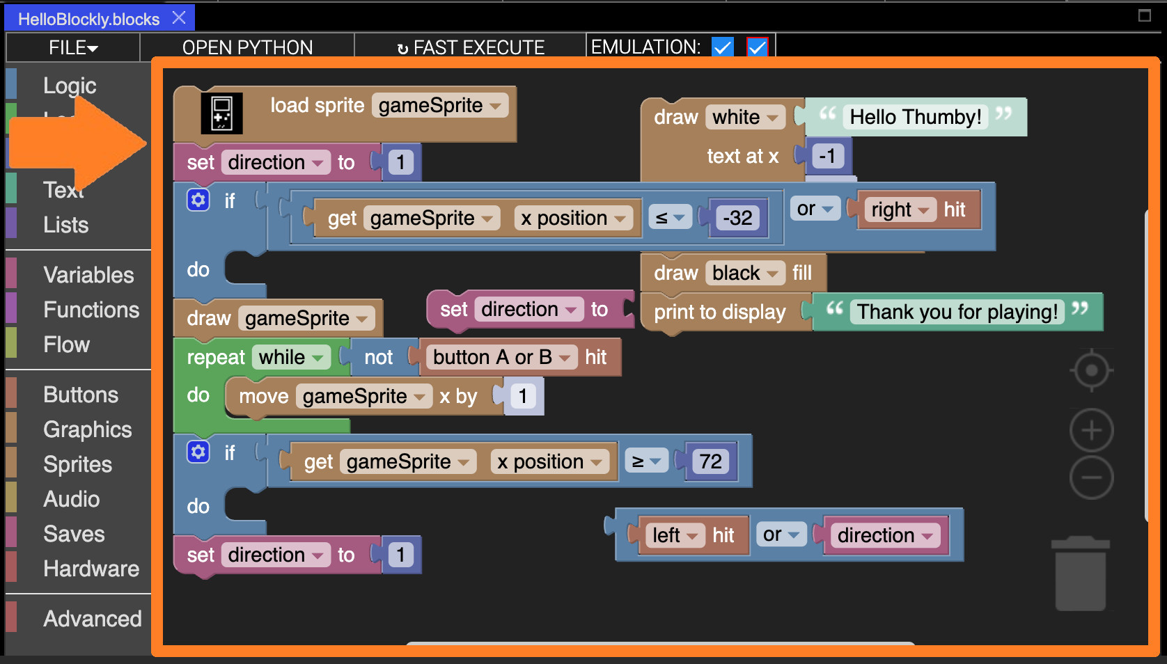 Blockly visual programming interface in the Thumby editor