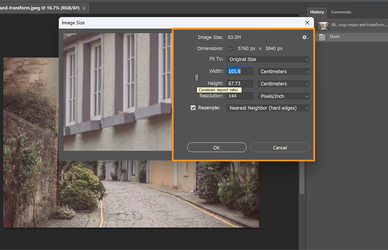 Adobe Photoshop Image Size dialog box showing width and height settings