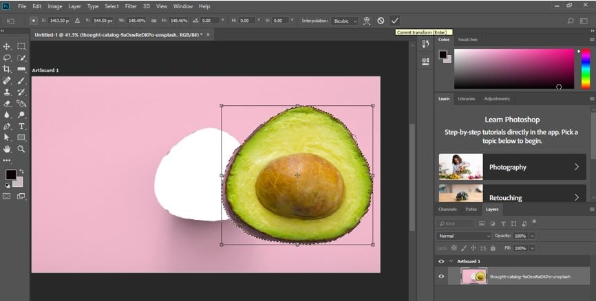Resizing a specific object layer in Photoshop using transform handles