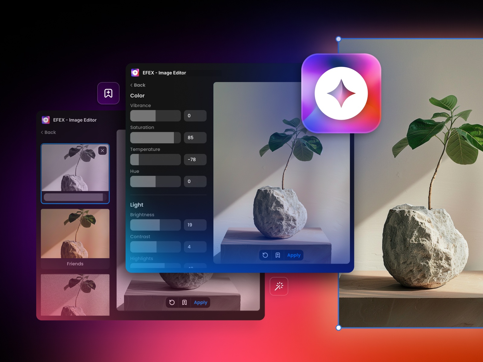 EFEX Image Editor plugin interface for Framer showing professional adjustments