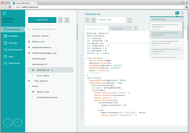 Interface of the Arduino Web Editor showing code and serial monitor