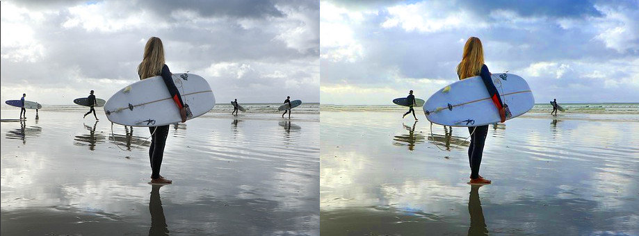 Comparison of low and high saturation in a photo editor