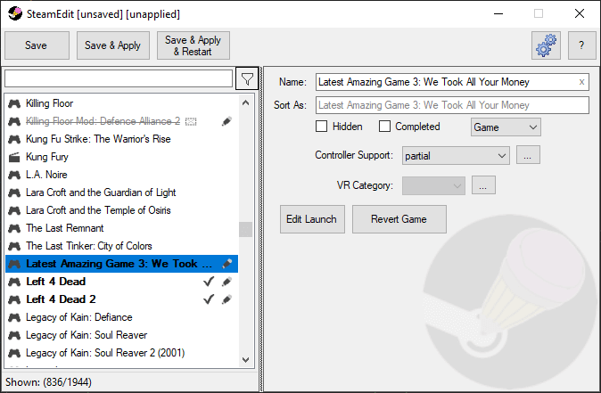 The main interface of SteamEdit showing game titles and sorting options