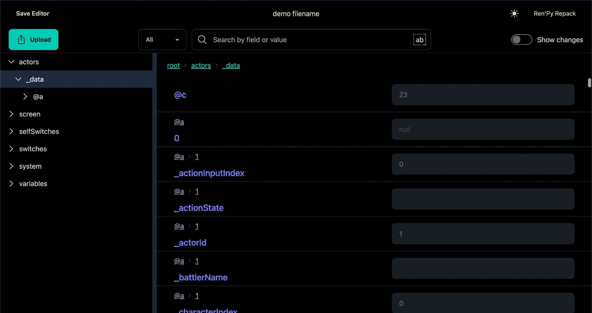Interface of a Unity save editor online showing editable game variables