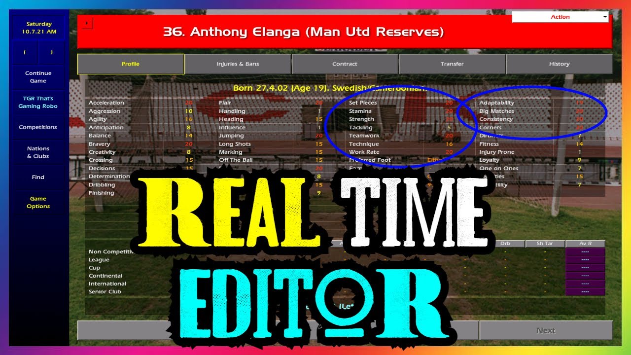 Championship Manager Real Time Editor interface showing player stats