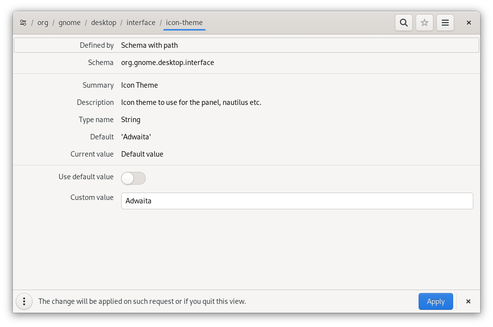 Dconf Editor interface showing the schema hierarchy and key values