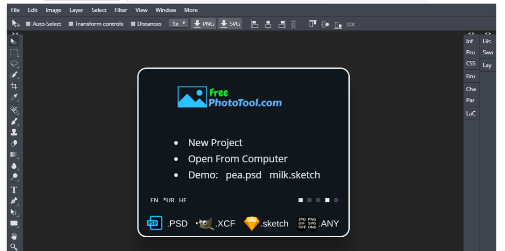 FreePhotoTool interface showing Photoshop-like layout