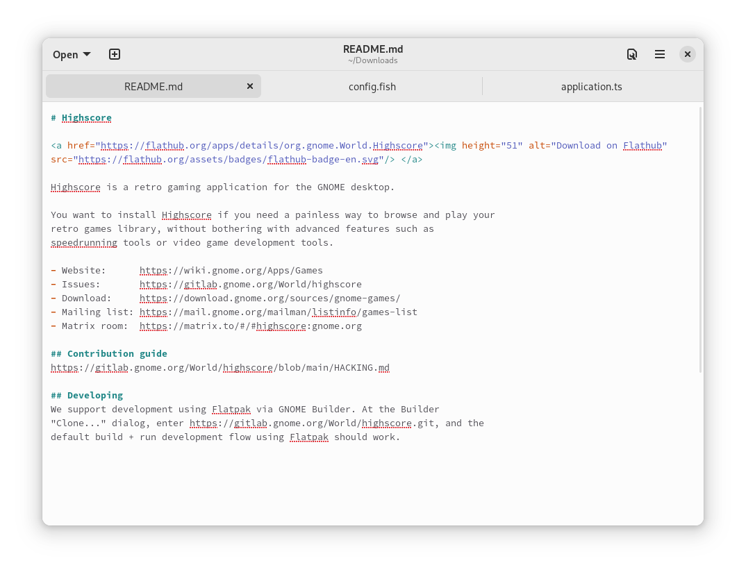 GNOME Text Editor main interface showing clean GTK 4 design