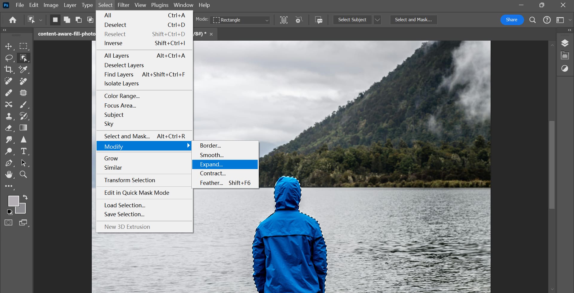 Photoshop Content-Aware Fill workspace showing sampling area