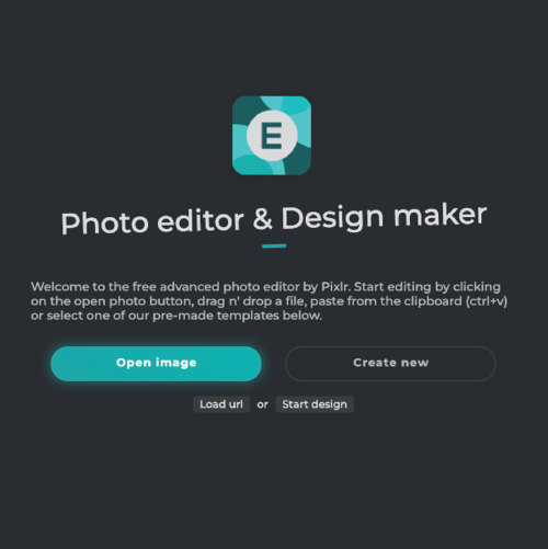 Pixlr E interface showing the main editing workspace and toolbar