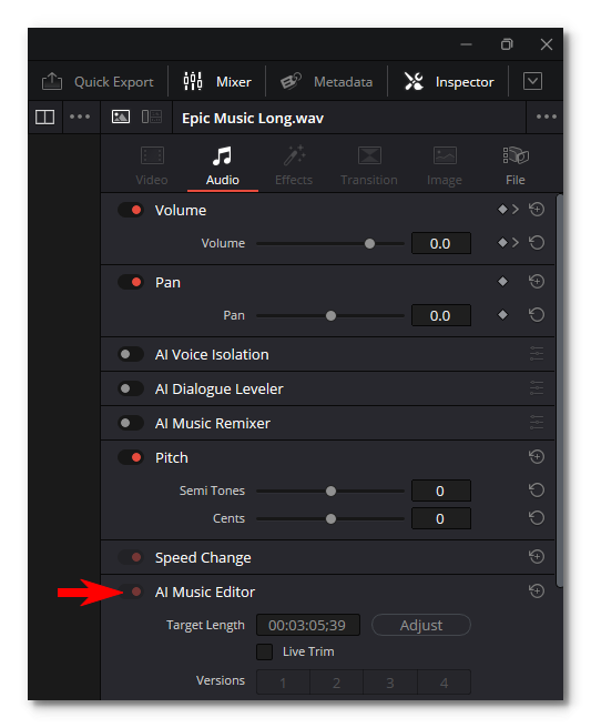 Troubleshooting missing AI Music Editor in DaVinci Resolve