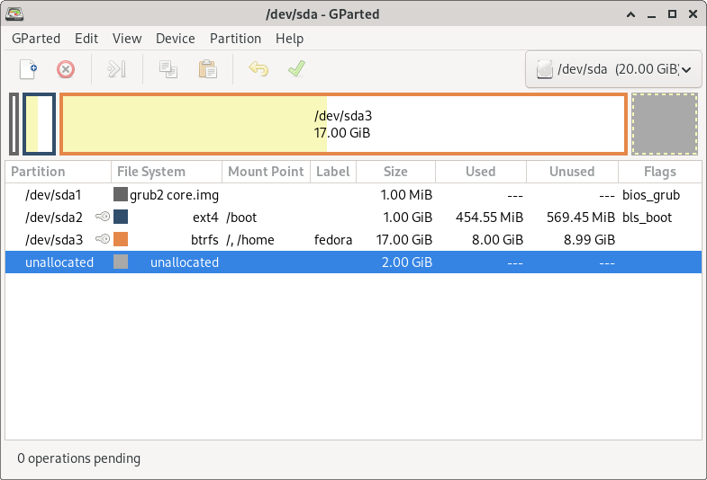 GNOME Partition Editor main window showing disk layout