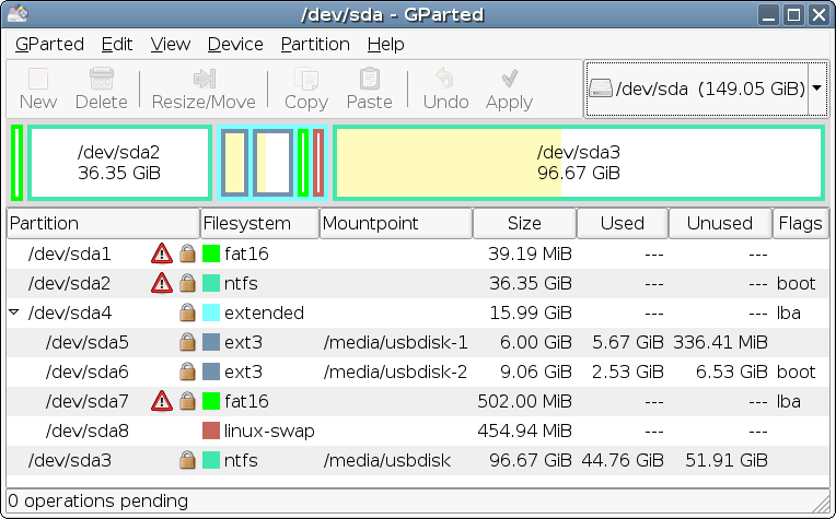 GParted interface showing 160GB disk partitions