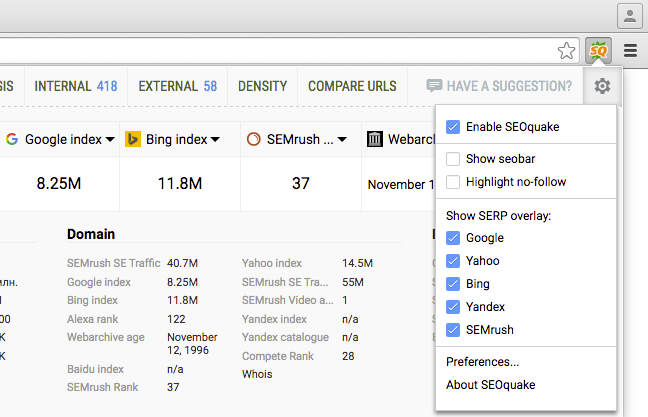 SEOquake quick options and SERP overlay toggle settings