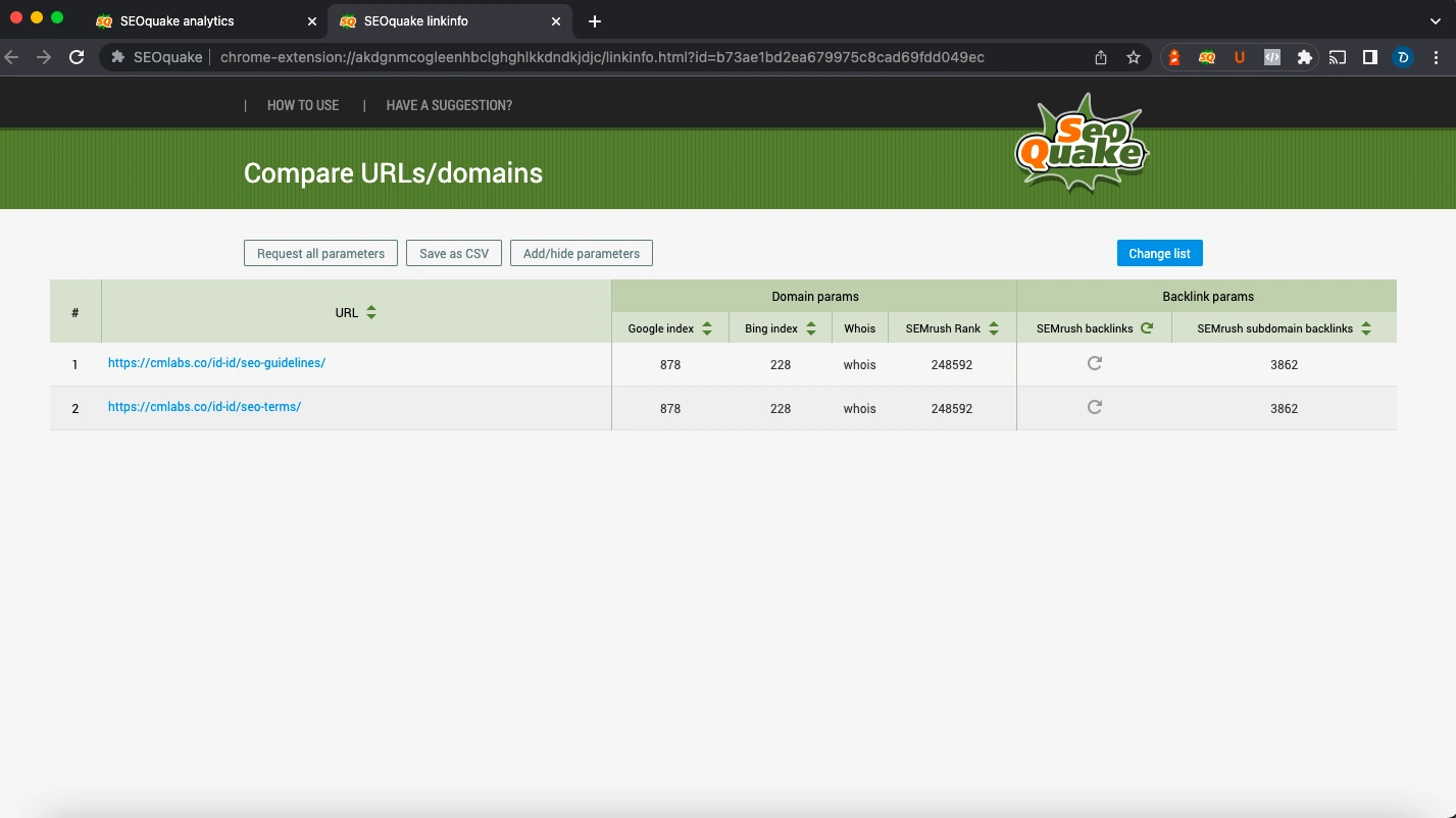 SEOquake URL comparison tool and bulk data view