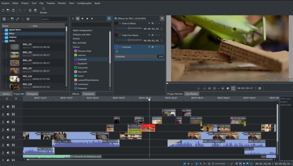 Kdenlive video editor interface showing multi-track timeline and effects