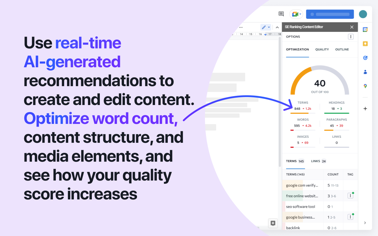 SE Ranking Content Editor interface for SEO and text management